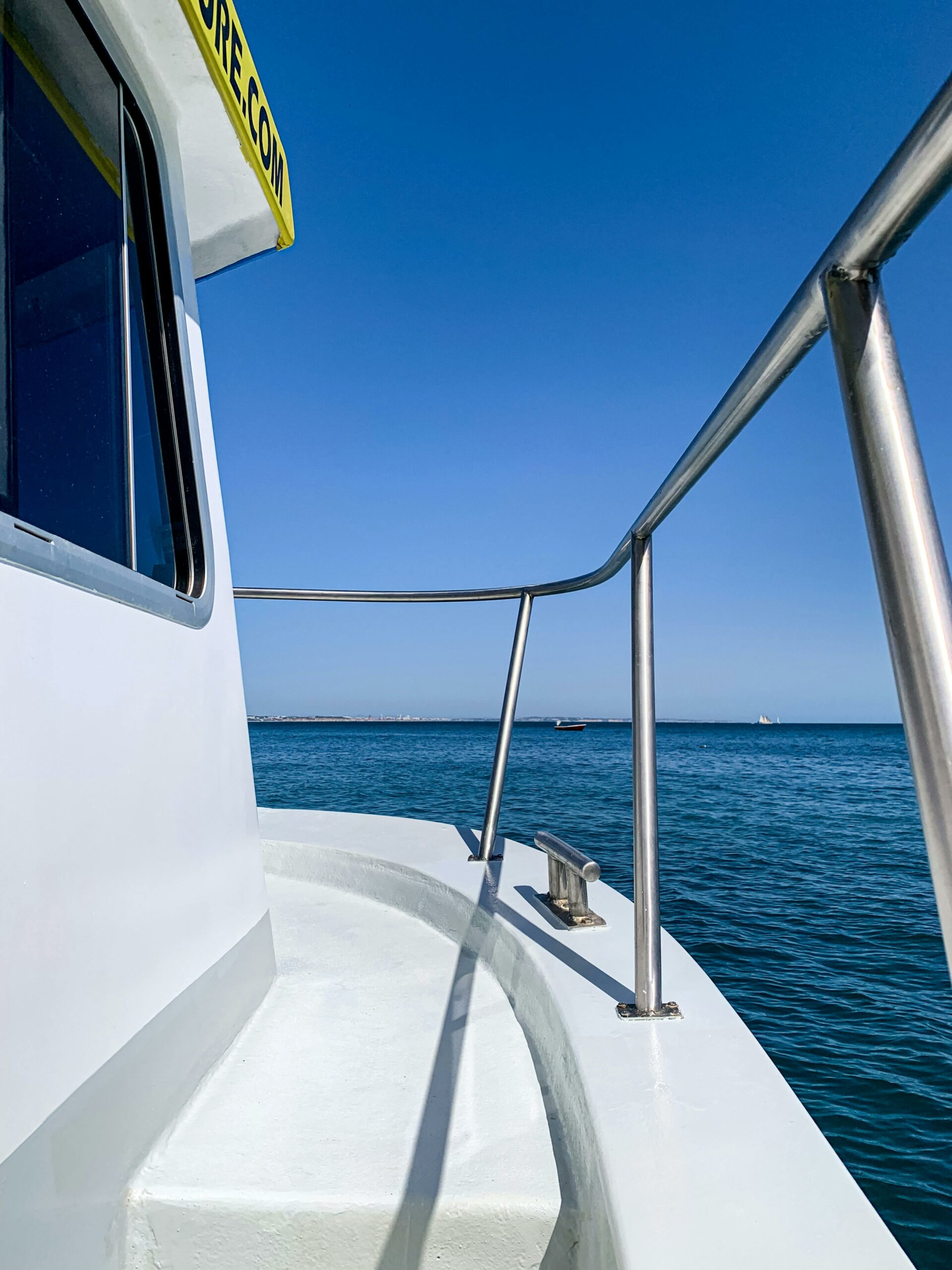 View from a boat's deck overlooking calm blue ocean under a clear sky.